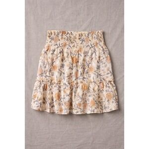 Boho Floral Smocked Waist Tiered Ruffle Mini Skirt Clip Dot‎ Cream Blue Gold